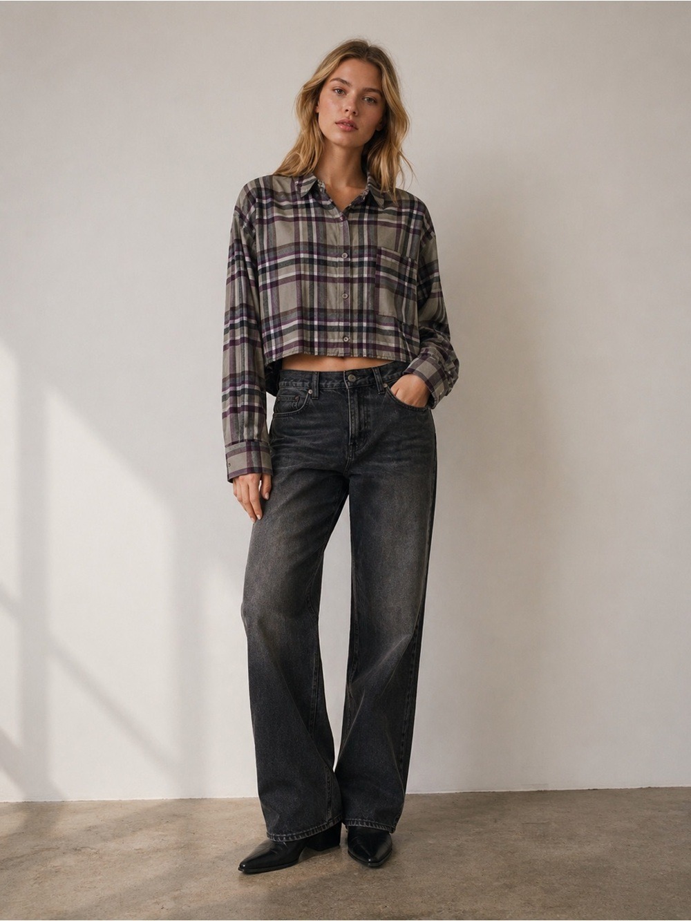 FLANNEL plaid checkers Forever 21 oversize Crop blouse plaid beige neutral